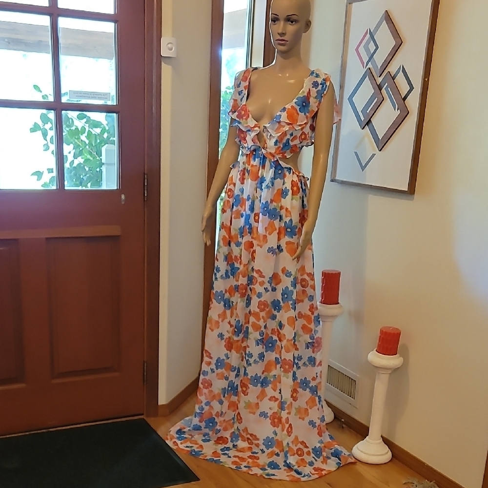 SauLee Floral Ruffle V-Neck Maxi Dress in White with Blue & Orange Flowers